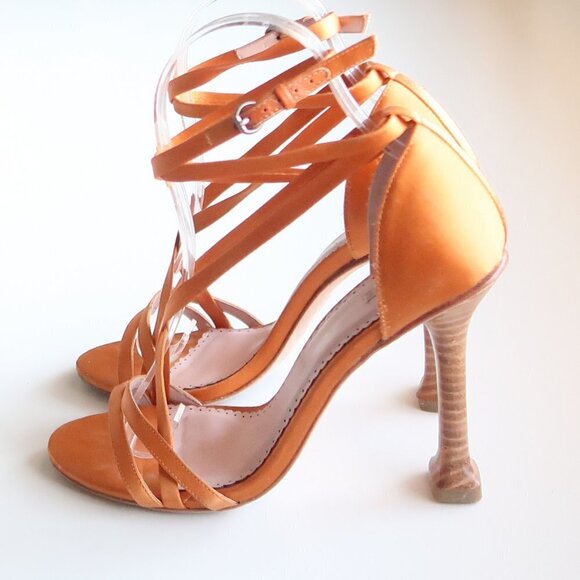 Leon Max Orange Satin Ankle Strap Open Toe Heels / Sandals / Dressy Shoes 6.5 - Picture 13 of 16